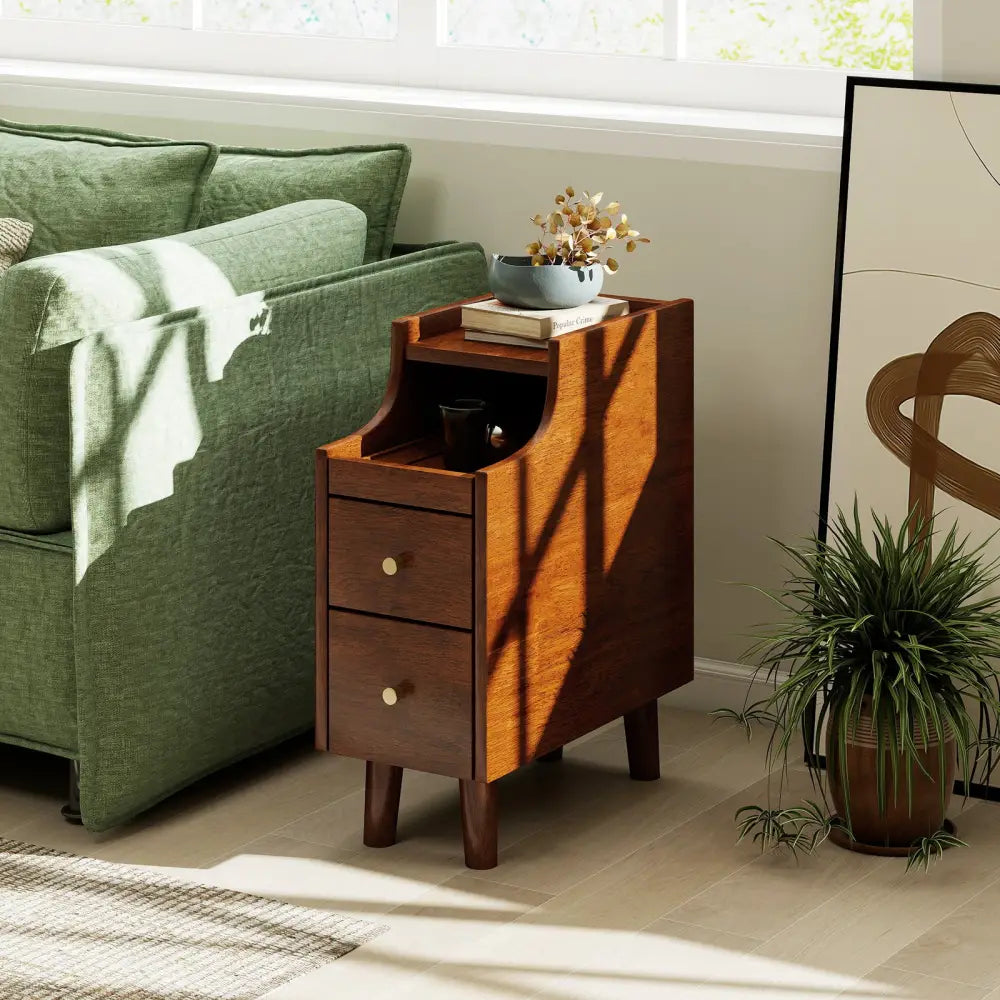 Solid Wood End Table Narrow Bedside Table with Pull-out Tray and 2 Storage Drawers-Brown - Brown - Nightstands