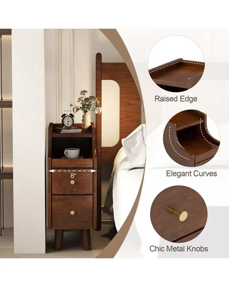 Solid Wood End Table Narrow Bedside Table with Pull-out Tray and 2 Storage Drawers-Brown - Brown - Nightstands