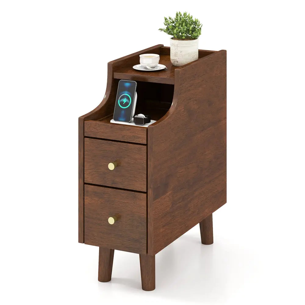 Solid Wood End Table Narrow Bedside Table with Pull-out Tray and 2 Storage Drawers-Brown - Brown - Nightstands