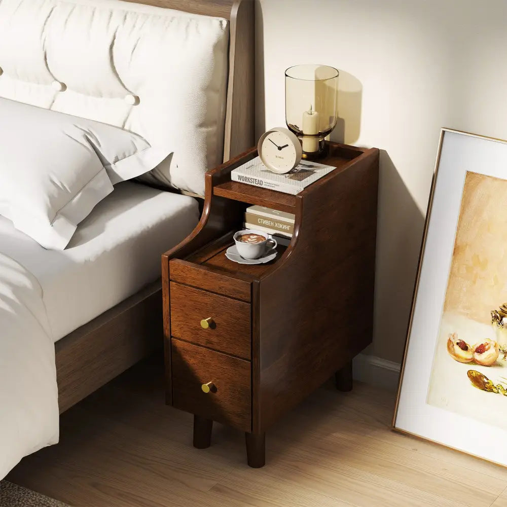Solid Wood End Table Narrow Bedside Table with Pull-out Tray and 2 Storage Drawers-Brown - Brown - Nightstands