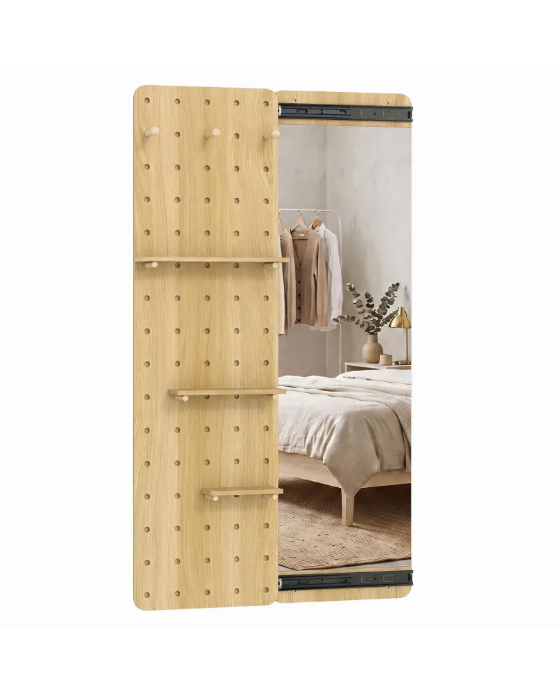 Solid Wood Full Length Mirror with Pegboard & Shelves and Hooks for Entryway-Natural - Natural - Wall Mirrors