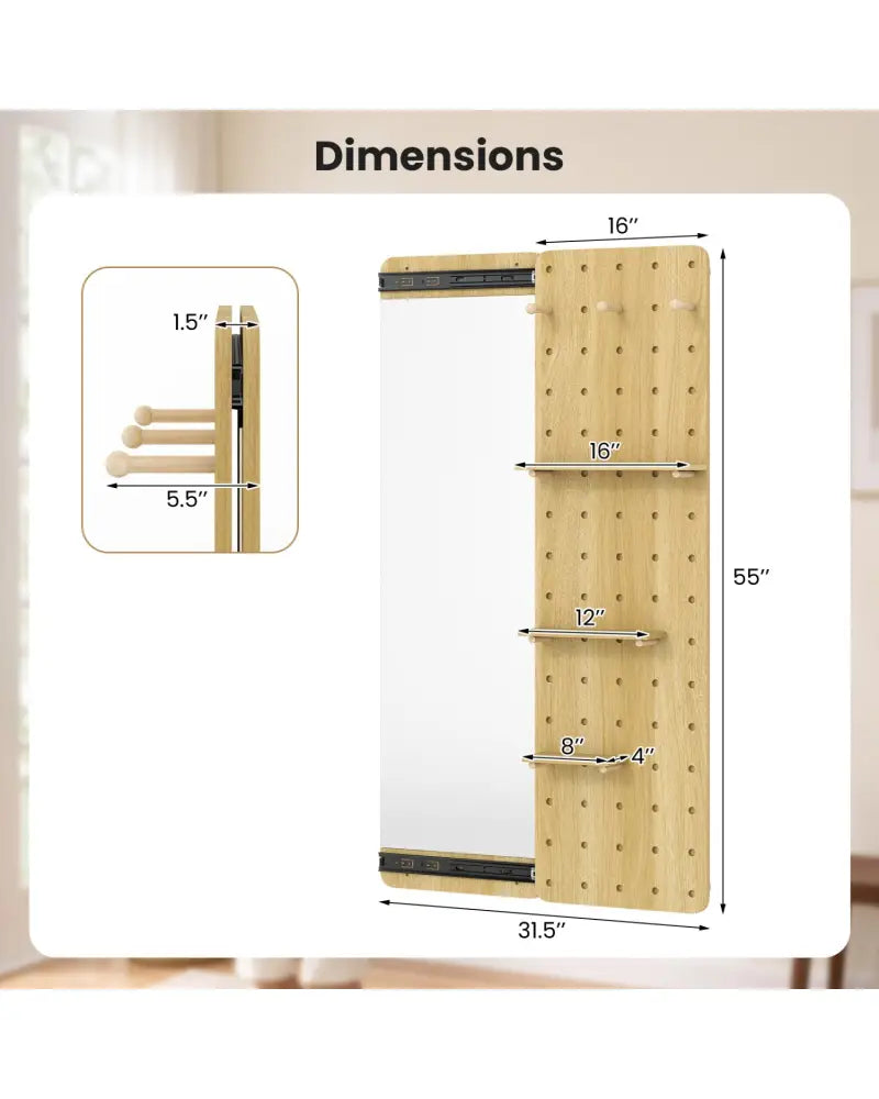 Solid Wood Full Length Mirror with Pegboard & Shelves and Hooks for Entryway-Natural - Natural - Wall Mirrors