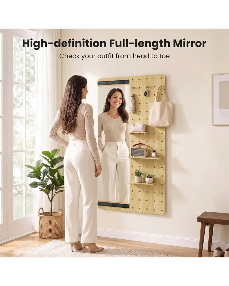 Solid Wood Full Length Mirror with Pegboard & Shelves and Hooks for Entryway-Natural - Natural - Wall Mirrors