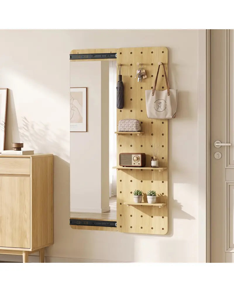 Solid Wood Full Length Mirror with Pegboard & Shelves and Hooks for Entryway-Natural - Natural - Wall Mirrors