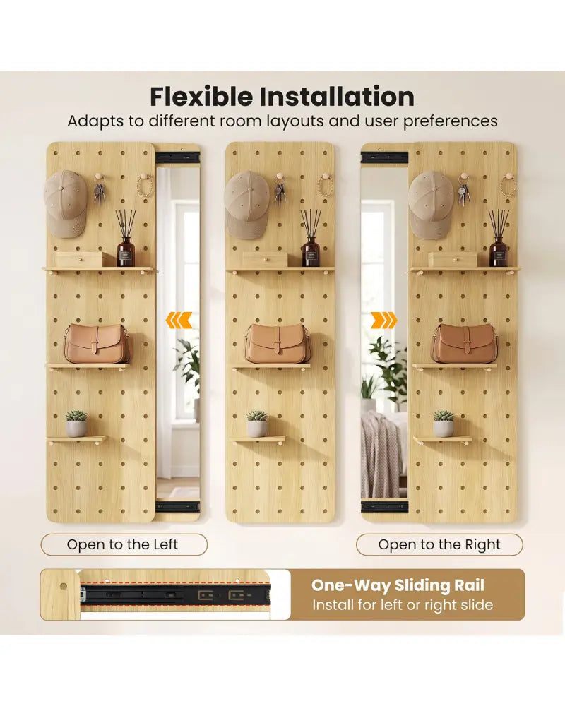 Solid Wood Full Length Mirror with Pegboard & Shelves and Hooks for Entryway-Natural - Natural - Wall Mirrors