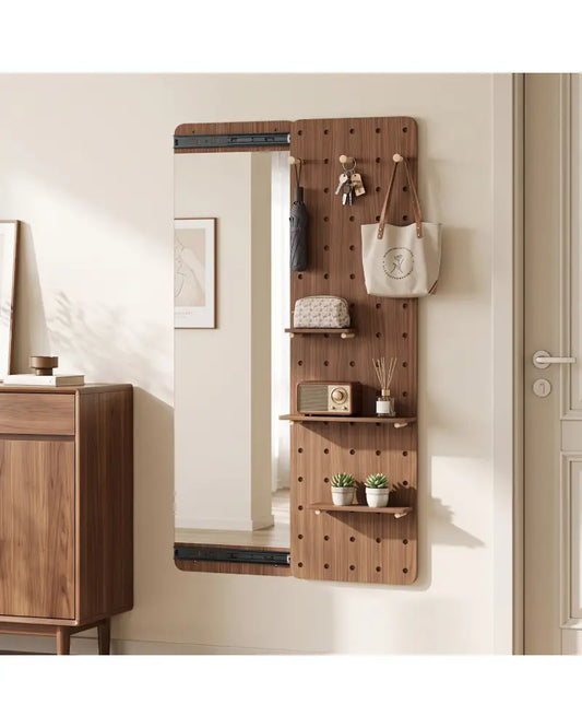 Solid Wood Full Length Mirror with Pegboard & Shelves and Hooks for Entryway-Brown - Brown - Wall Mirrors