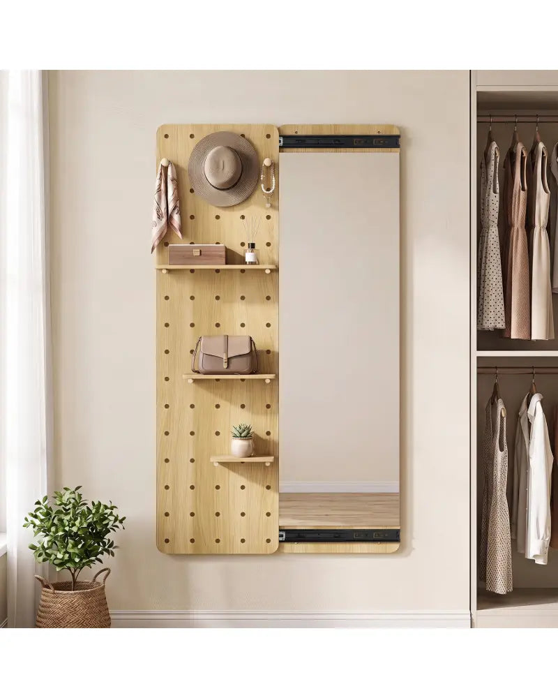 Solid Wood Full Length Mirror with Pegboard & Shelves and Hooks for Entryway-Natural - Natural - Wall Mirrors