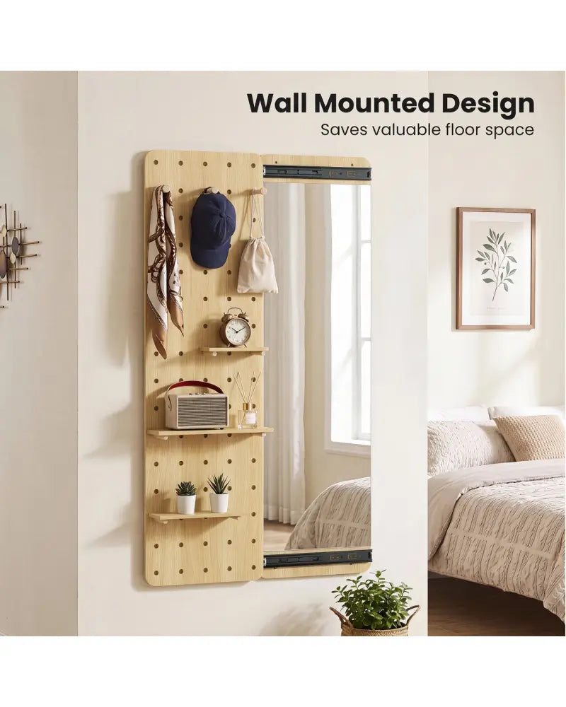 Solid Wood Full Length Mirror with Pegboard & Shelves and Hooks for Entryway-Natural - Natural - Wall Mirrors