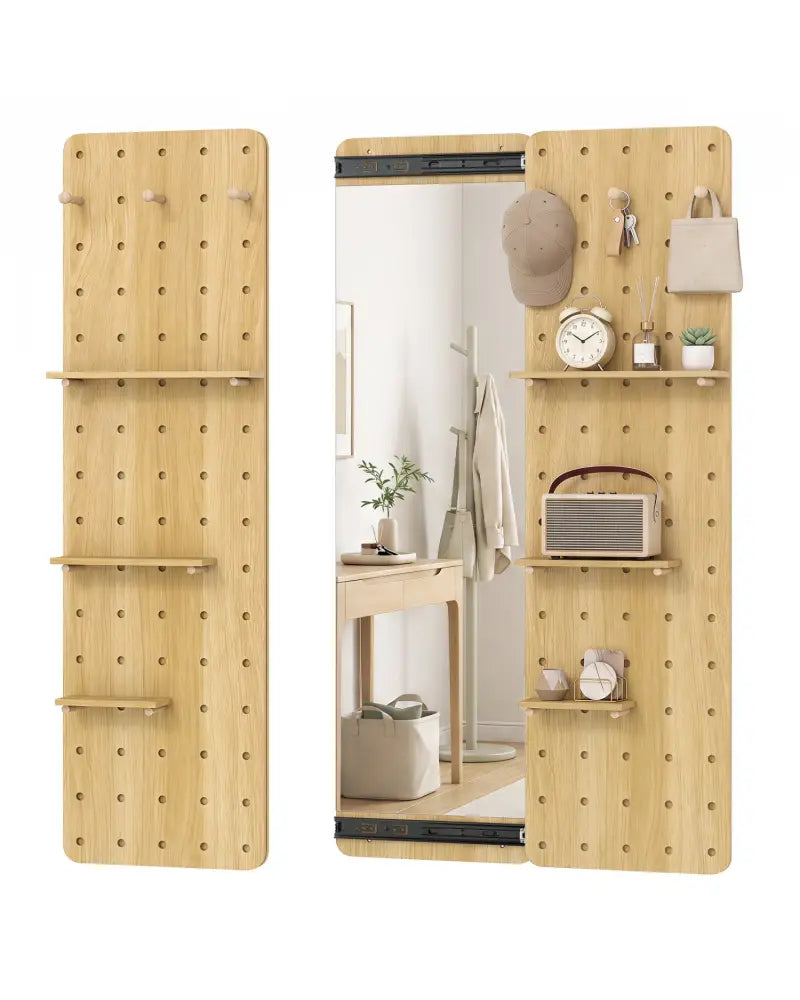 Solid Wood Full Length Mirror with Pegboard & Shelves and Hooks for Entryway-Natural - Natural - Wall Mirrors