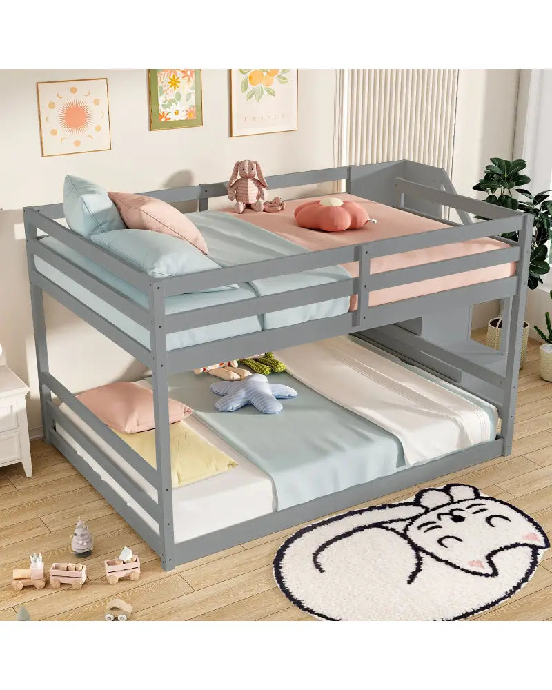 Solid Wood Full Over Full Low Bunk Bed with Storage Stairs-Gray - Gray - Bunk Bed Frame