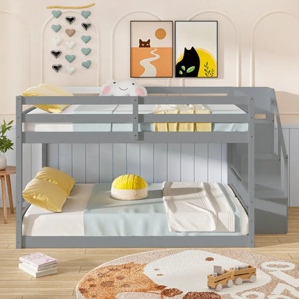 Solid Wood Full Over Full Low Bunk Bed with Storage Stairs-Gray - Gray - Bunk Bed Frame