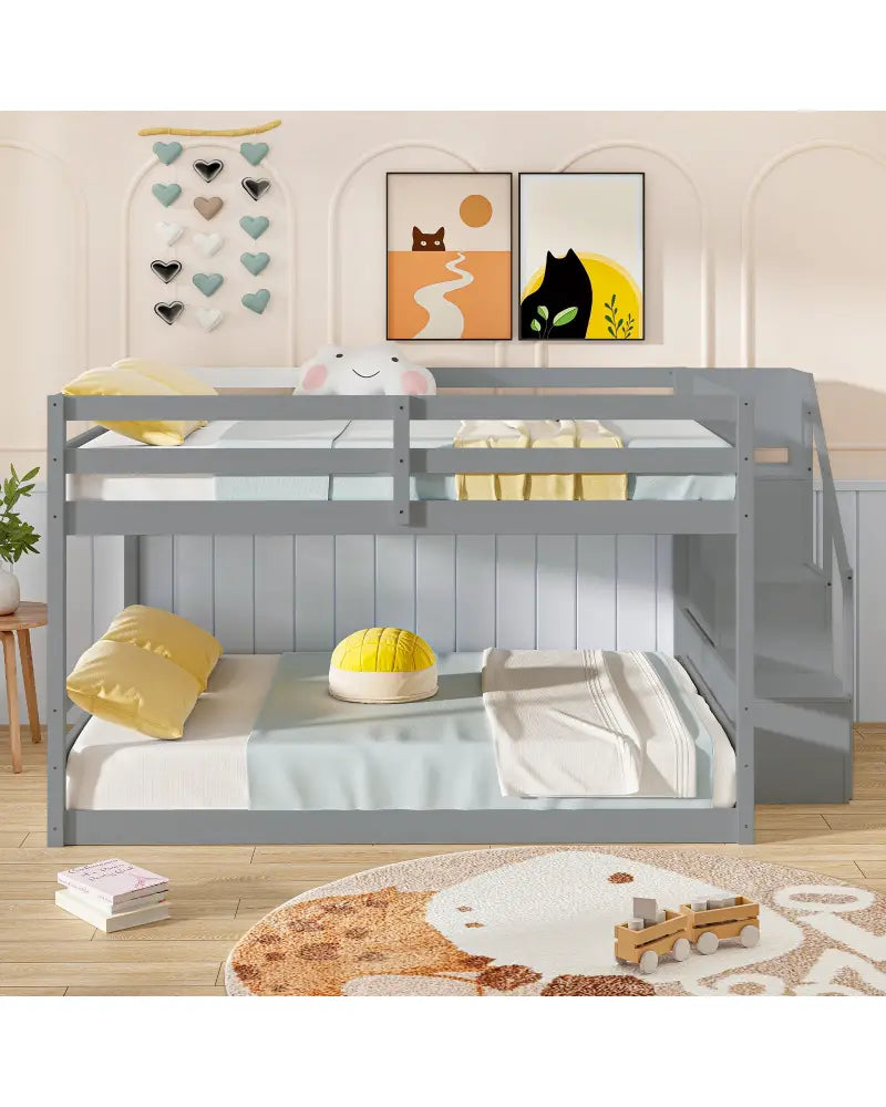 Solid Wood Full Over Full Low Bunk Bed with Storage Stairs-Gray - Gray - Bunk Bed Frame