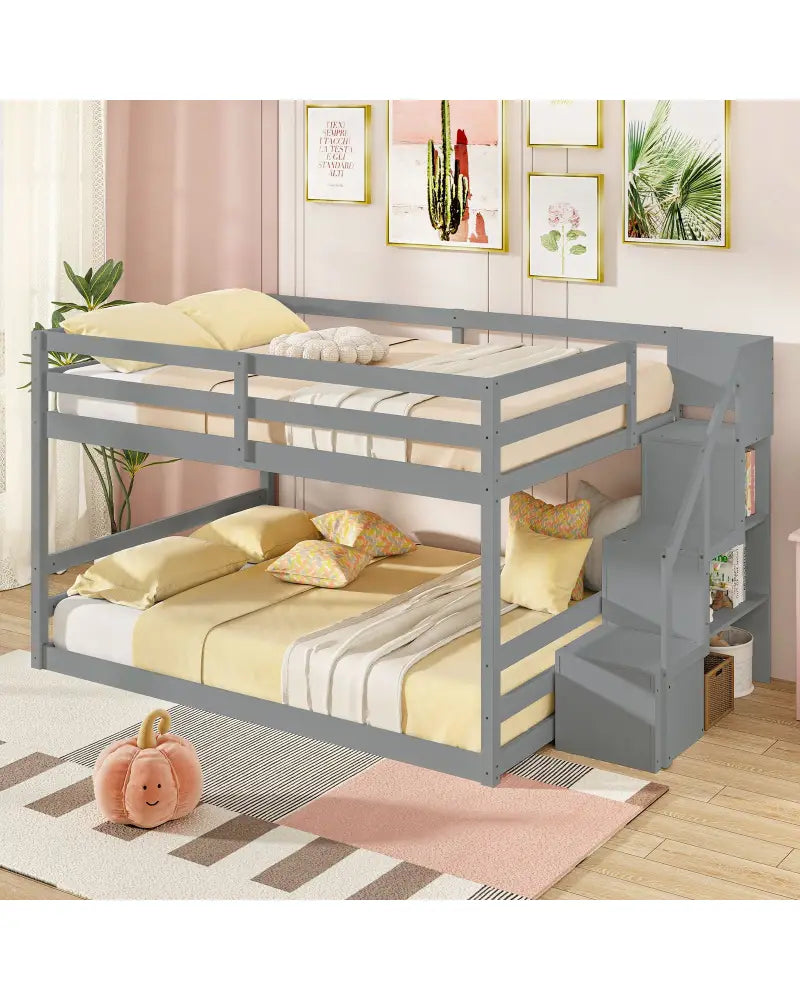 Solid Wood Full Over Full Low Bunk Bed with Storage Stairs-Gray - Gray - Bunk Bed Frame