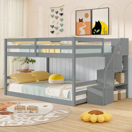 Solid Wood Full Over Full Low Bunk Bed with Storage Stairs-Gray - Gray - Bunk Bed Frame