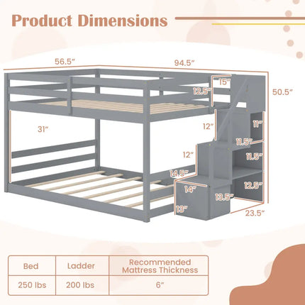 Solid Wood Full Over Full Low Bunk Bed with Storage Stairs-Gray - Gray - Bunk Bed Frame