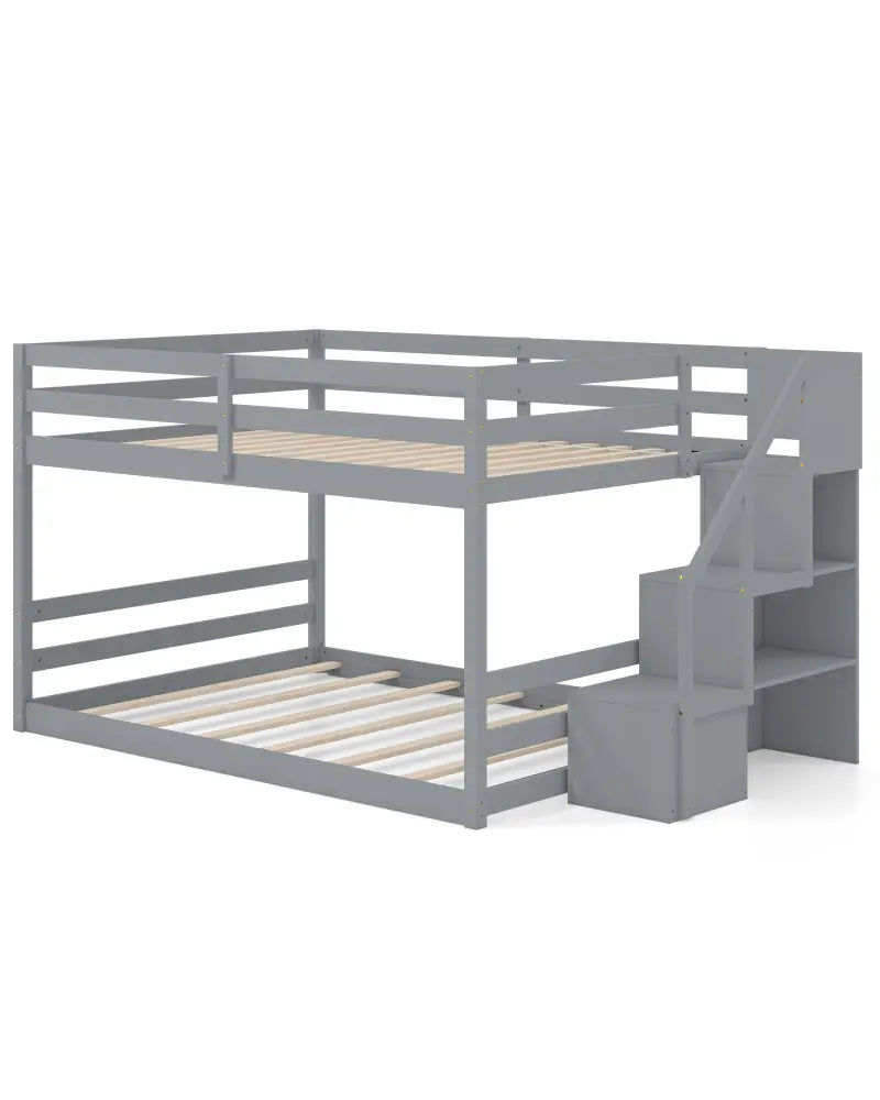 Solid Wood Full Over Full Low Bunk Bed with Storage Stairs-Gray - Gray - Bunk Bed Frame