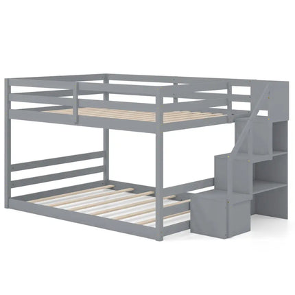 Solid Wood Full Over Full Low Bunk Bed with Storage Stairs-Gray - Gray - Bunk Bed Frame