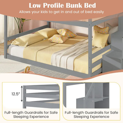Solid Wood Full Over Full Low Bunk Bed with Storage Stairs-Gray - Gray - Bunk Bed Frame