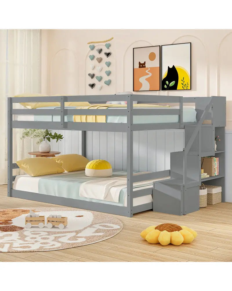 Solid Wood Full Over Full Low Bunk Bed with Storage Stairs-Gray - Gray - Bunk Bed Frame