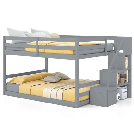 Solid Wood Full Over Full Low Bunk Bed with Storage Stairs-Gray - Gray - Bunk Bed Frame