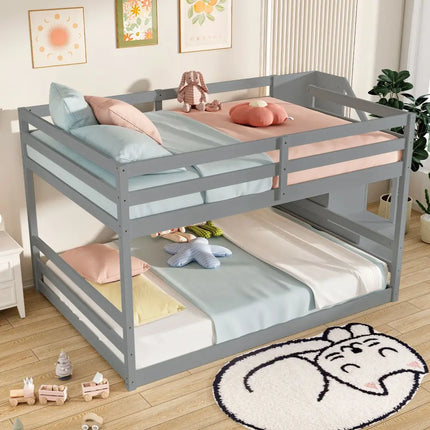 Solid Wood Full Over Full Low Bunk Bed with Storage Stairs-Gray - Gray - Bunk Bed Frame