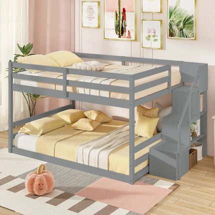 Solid Wood Full Over Full Low Bunk Bed with Storage Stairs-Gray - Gray - Bunk Bed Frame