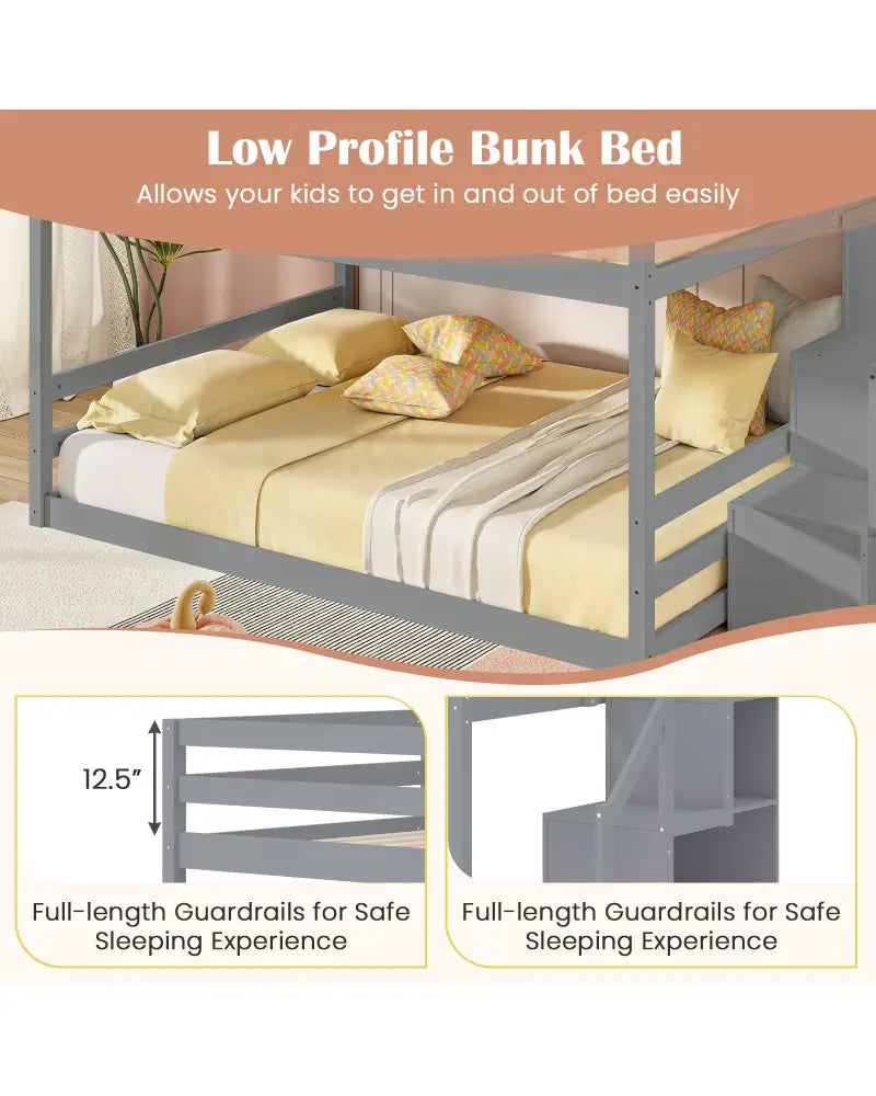 Solid Wood Full Over Full Low Bunk Bed with Storage Stairs-Gray - Gray - Bunk Bed Frame