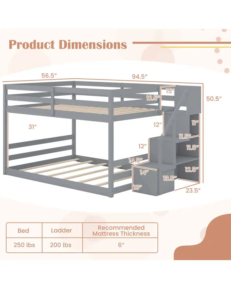 Solid Wood Full Over Full Low Bunk Bed with Storage Stairs-Gray - Gray - Bunk Bed Frame