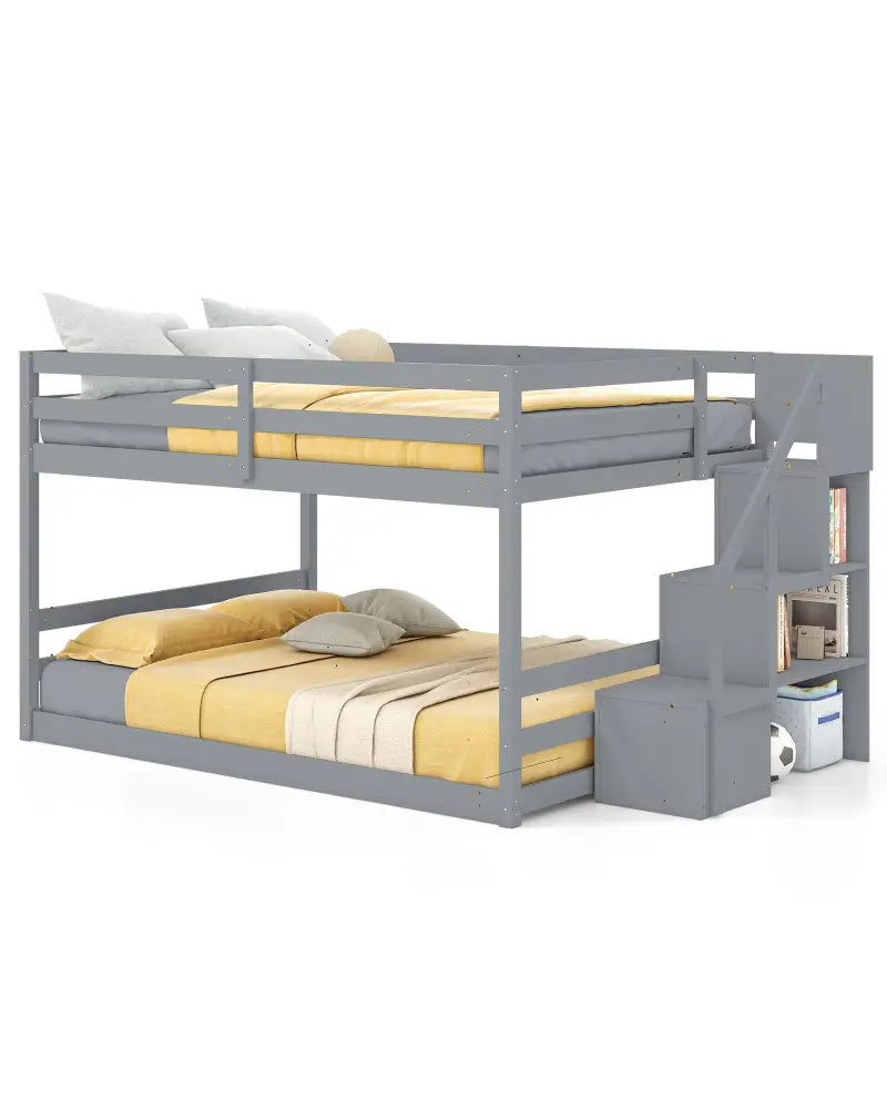 Solid Wood Full Over Full Low Bunk Bed with Storage Stairs-Gray - Gray - Bunk Bed Frame