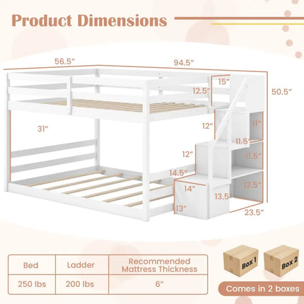 Solid Wood Full Over Full Low Bunk Bed with Storage Stairs-White - White - Bunk Bed Frame