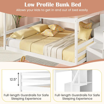 Solid Wood Full Over Full Low Bunk Bed with Storage Stairs-White - White - Bunk Bed Frame