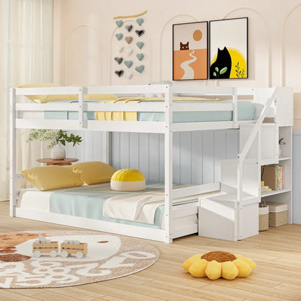 Solid Wood Full Over Full Low Bunk Bed with Storage Stairs-White - White - Bunk Bed Frame