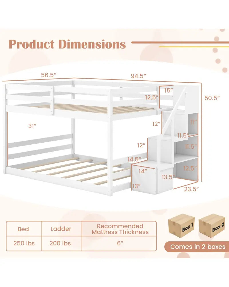 Solid Wood Full Over Full Low Bunk Bed with Storage Stairs-White - White - Bunk Bed Frame