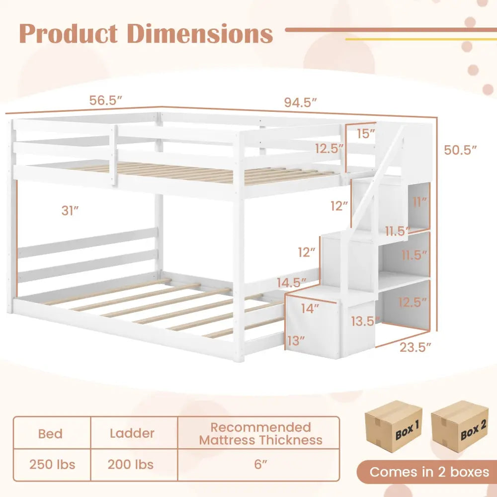 Solid Wood Full Over Full Low Bunk Bed with Storage Stairs-White - White - Bunk Bed Frame