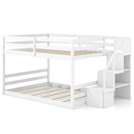 Solid Wood Full Over Full Low Bunk Bed with Storage Stairs-White - White - Bunk Bed Frame