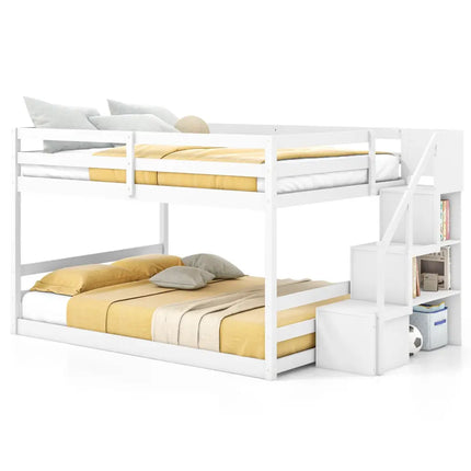 Solid Wood Full Over Full Low Bunk Bed with Storage Stairs-White - White - Bunk Bed Frame