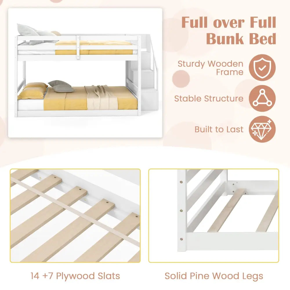 Solid Wood Full Over Full Low Bunk Bed with Storage Stairs-White - White - Bunk Bed Frame