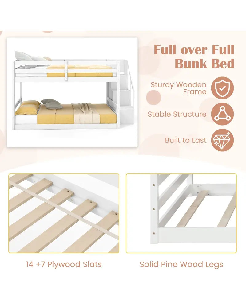 Solid Wood Full Over Full Low Bunk Bed with Storage Stairs-White - White - Bunk Bed Frame