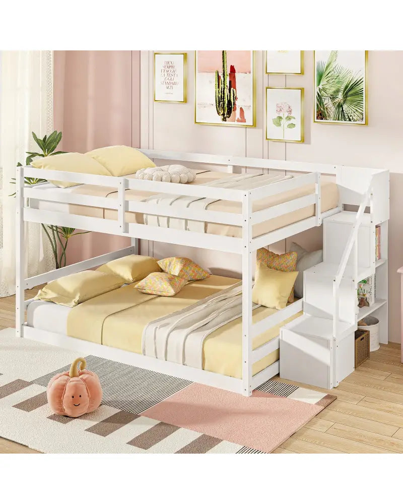 Solid Wood Full Over Full Low Bunk Bed with Storage Stairs-White - White - Bunk Bed Frame
