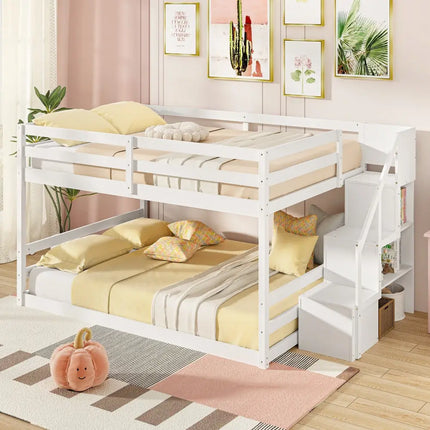 Solid Wood Full Over Full Low Bunk Bed with Storage Stairs-White - White - Bunk Bed Frame