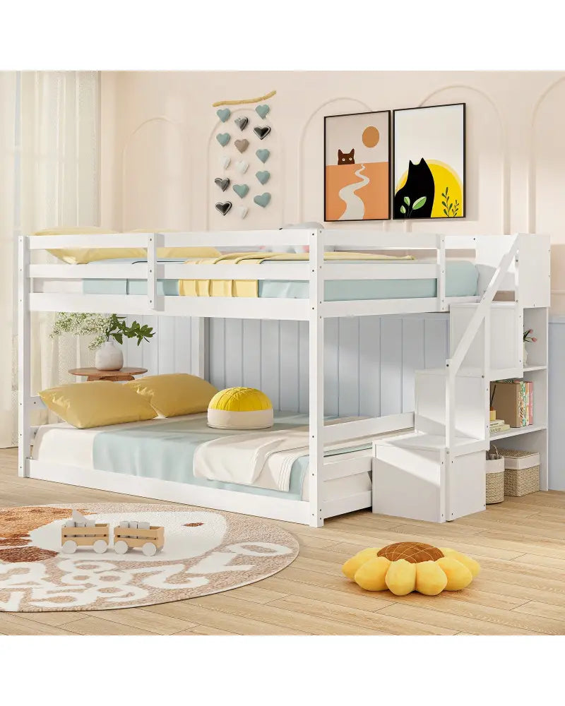 Solid Wood Full Over Full Low Bunk Bed with Storage Stairs-White - White - Bunk Bed Frame