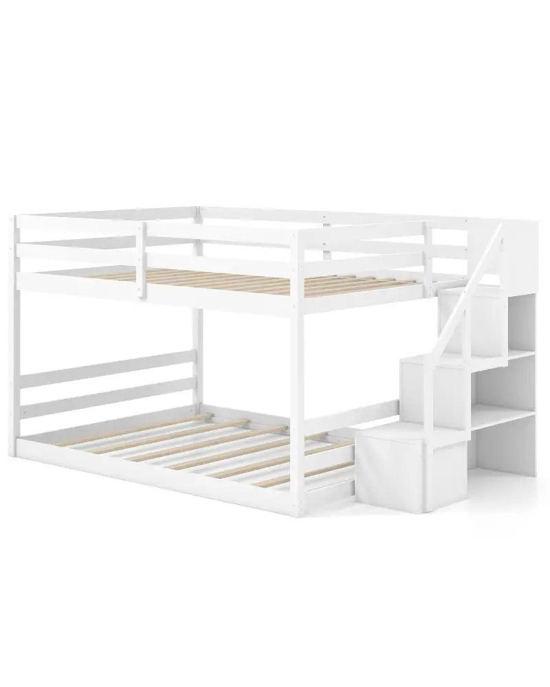 Solid Wood Full Over Full Low Bunk Bed with Storage Stairs-White - White - Bunk Bed Frame
