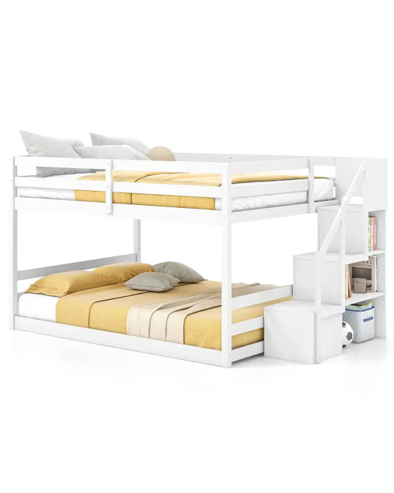 Solid Wood Full Over Full Low Bunk Bed with Storage Stairs-White - White - Bunk Bed Frame