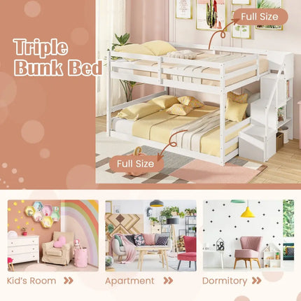 Solid Wood Full Over Full Low Bunk Bed with Storage Stairs-White - White - Bunk Bed Frame