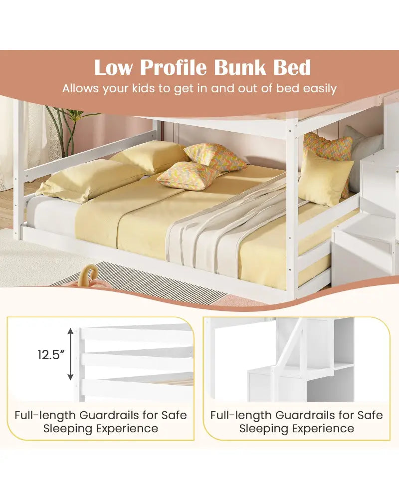 Solid Wood Full Over Full Low Bunk Bed with Storage Stairs-White - White - Bunk Bed Frame