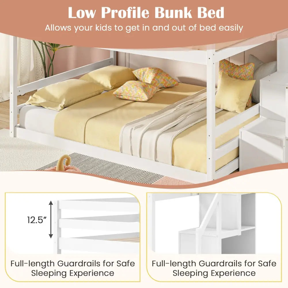 Solid Wood Full Over Full Low Bunk Bed with Storage Stairs-White - White - Bunk Bed Frame