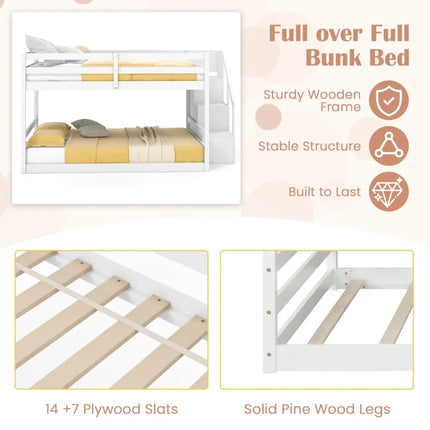 Solid Wood Full Over Full Low Bunk Bed with Storage Stairs-White - White - Bunk Bed Frame