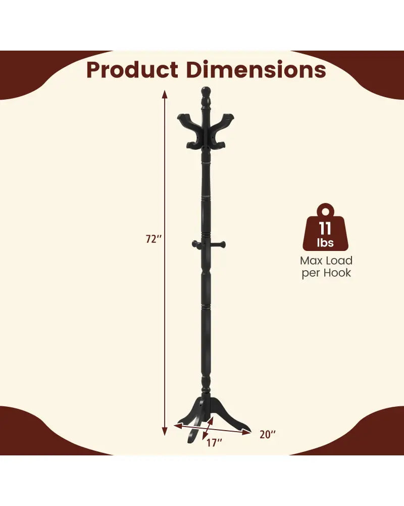 Solid Wood Hall Tree with 11 Hooks and 3 Height Options for Entryway-Black - Black - Coat Racks & Hall Trees
