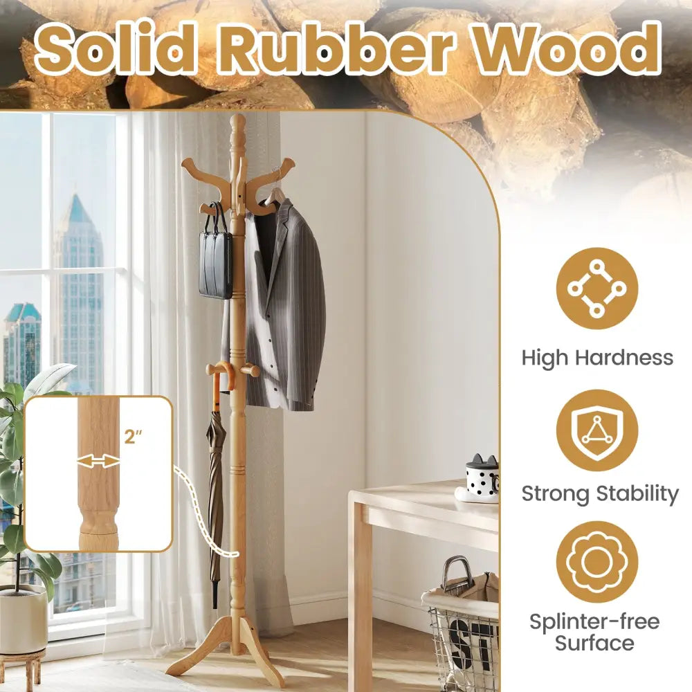 Solid Wood Hall Tree with 11 Hooks and 3 Height Options for Entryway-Natural - Natural - Coat Racks & Hall Trees