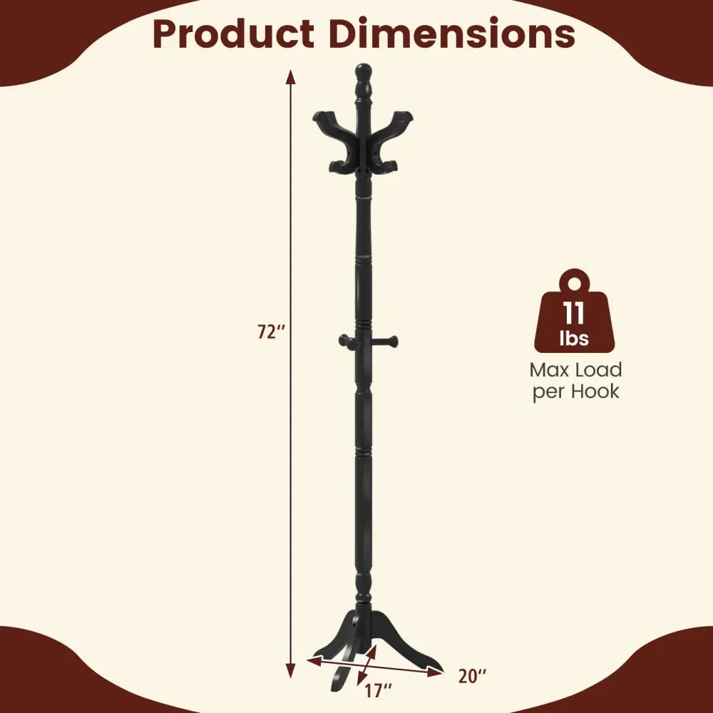 Solid Wood Hall Tree with 11 Hooks and 3 Height Options for Entryway-Black - Black - Coat Racks & Hall Trees